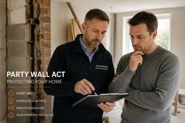 Party wall surveyor Southampton discussing extension plans with homeowner outside a UK semi-detached house.